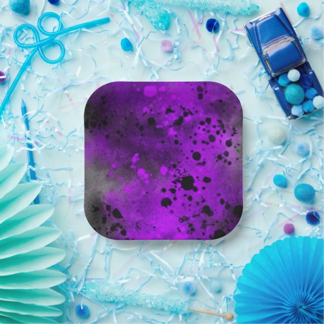 Paint Splatter Effect Purple & Black  Paper Plate (Party)