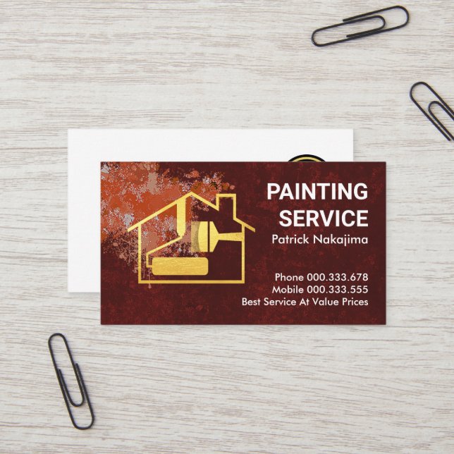 Paint Splatter Gold Home Brush Painter Business Card (Front/Back In Situ)
