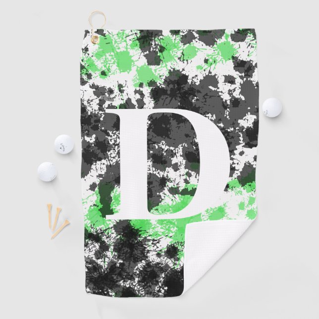 Paint Splatter Green Black Monogrammed Golf Towel (InSitu)