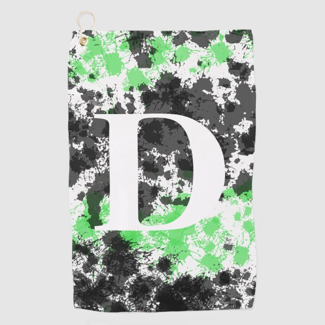 Paint Splatter Green Black Monogrammed Golf Towel (Front)
