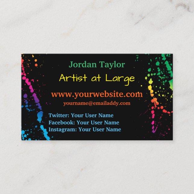 [Paint Splatter] Modern Abstract Artist Black Business Card (Front)