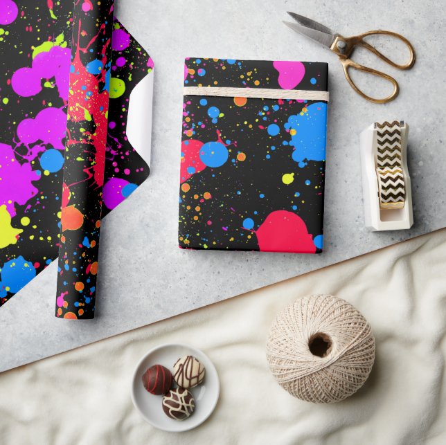 Paint Splatter Neon, Faux Glow in the Dark, Wrapping Paper (Crafts)