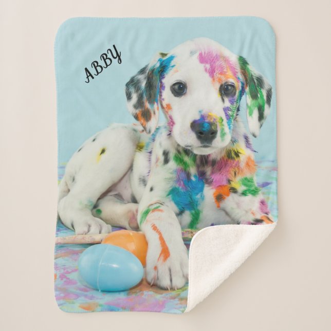 PAINT SPLATTERED PUPPY BLANKET. SHERPA BLANKET (Front)