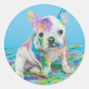 PAINT SPLATTERED PUPPY STICKERS! JIGSAW PUZZLE CLASSIC ROUND STICKER