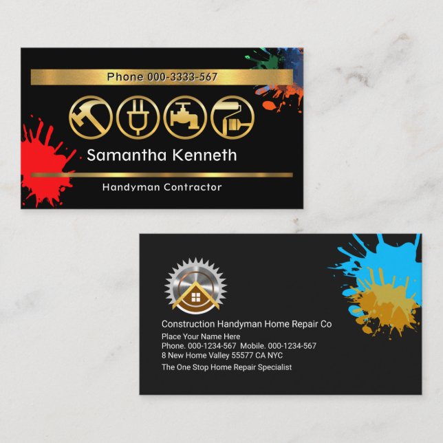 Paint Splattered Wall Handyman Tools Business Card (Front/Back)