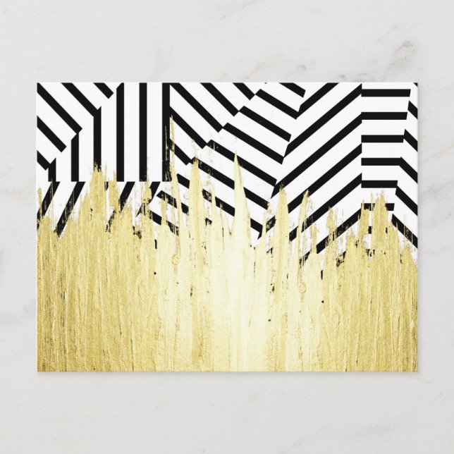 Paint Strokes in Faux Gold on Black & White Stripe Postcard (Front)