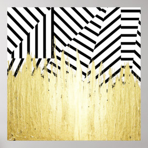 Paint Strokes in Faux Gold on Black & White Stripe Poster