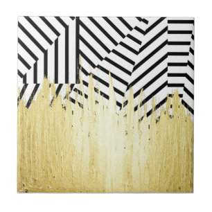 Paint Strokes in Faux Gold on Black & White Stripe Tile