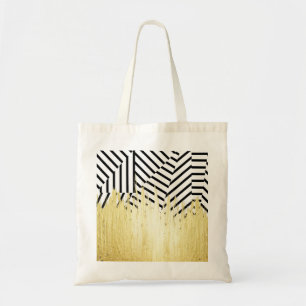 Paint Strokes in Faux Gold on Black & White Stripe Tote Bag