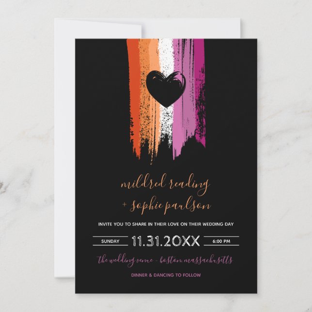 Paint Strokes Lesbian Flag & Black Heart Wedding Invitation (Front)