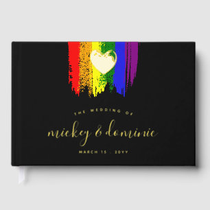 Paint Strokes Pride Flag & Gold Heart Wedding Guest Book