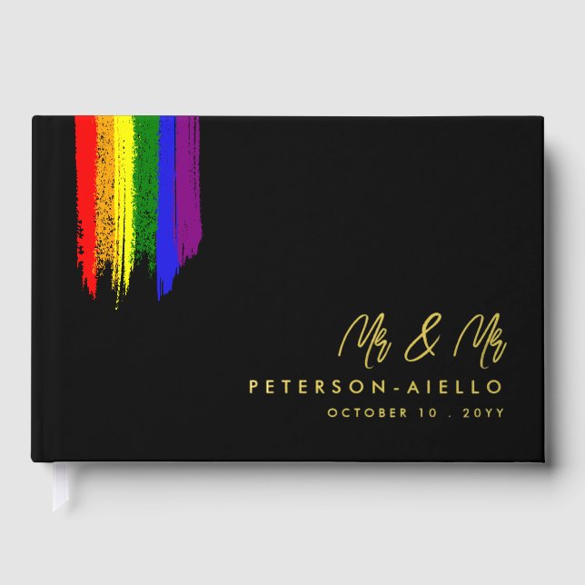 Paint Strokes Pride Flag Gold Text Wedding Guest Book (Front)