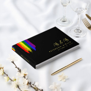 Paint Strokes Pride Flag Gold Text Wedding Guest Book