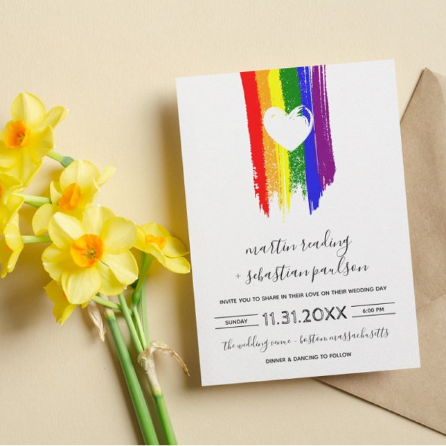 Paint Strokes Pride Flag & White Heart Wedding Invitation (Creator Uploaded)