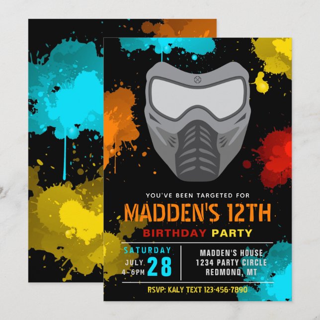 Paintball Birthday Invitation | Paintball Party (Front/Back)