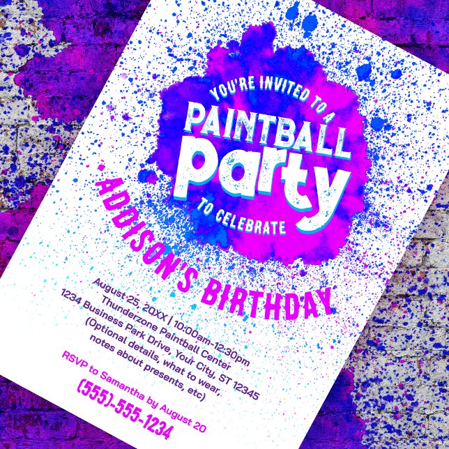 Paintball Birthday Party Custom Invite - Blue (purple paint splatter customizable birthday invite against a paint splattered brick background)