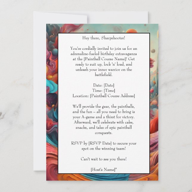 Paintball Birthday Party Invitation Card (Back)