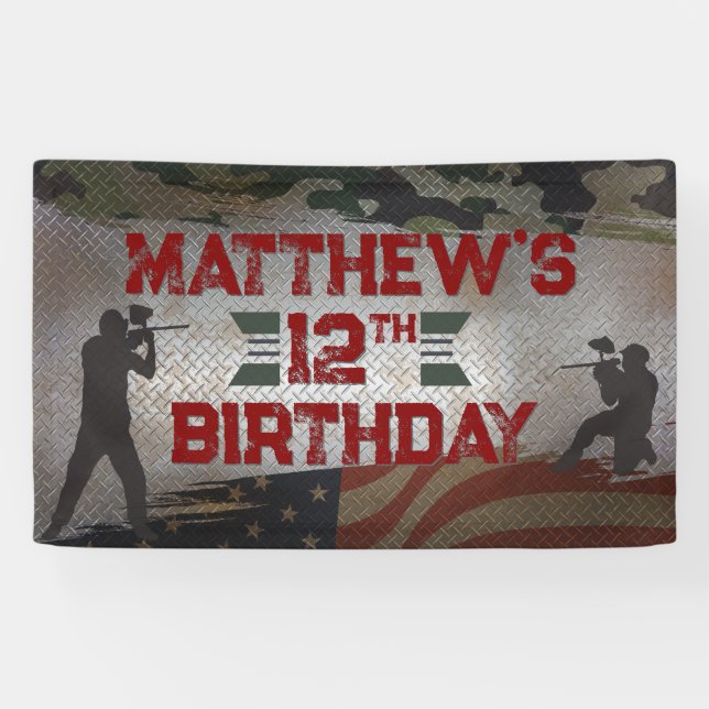Paintball Birthday Party Military Camo USA  Banner (Horizontal)