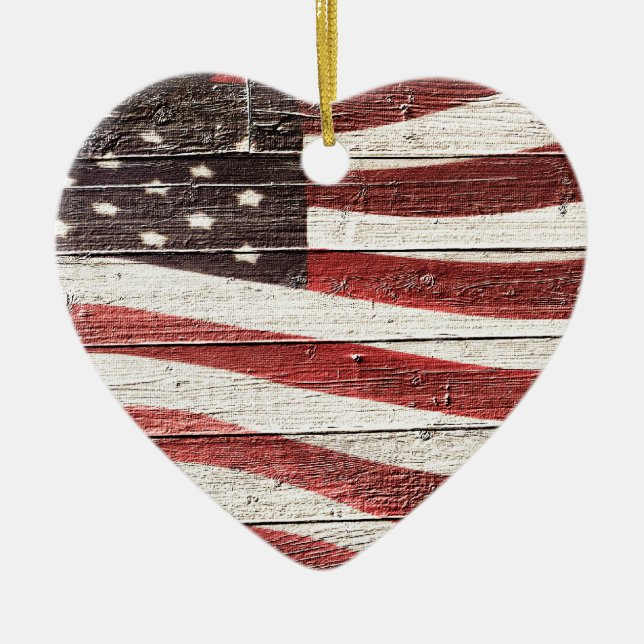 Painted American Flag on Rustic Wood Texture Ceramic Tree Decoration (Front)