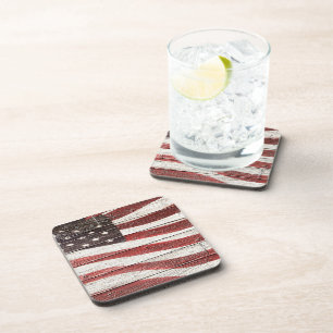 Painted American Flag on Rustic Wood Texture Coaster
