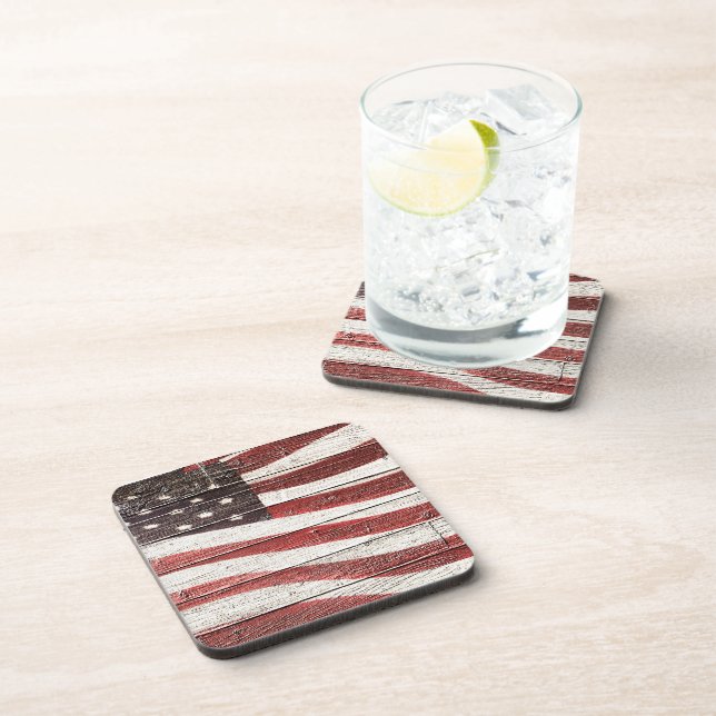 Painted American Flag on Rustic Wood Texture Coaster (Right Side)