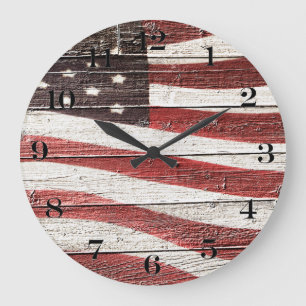 Painted American Flag on Rustic Wood Texture Large Clock