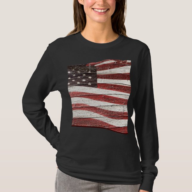 Painted American Flag on Rustic Wood Texture T-Shirt (Front)