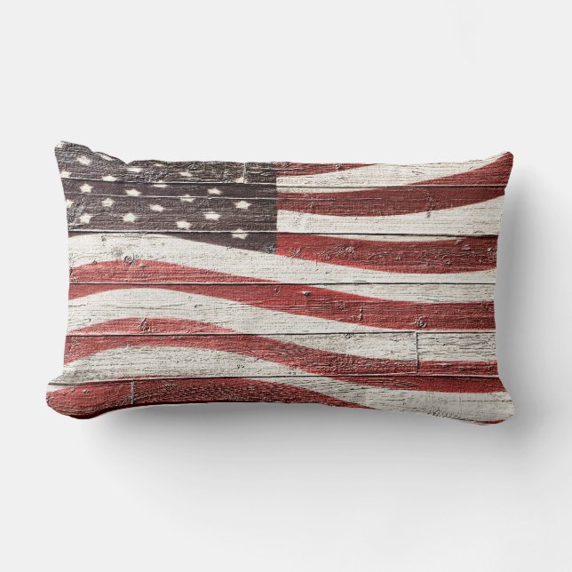 Painted American Flag on Wood-Look Lumbar Cushion (Front)