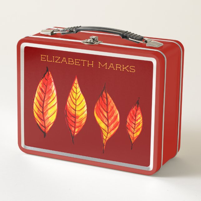 Painted Autumn Leaves Custom Name Red Metal Lunch Box (Front)