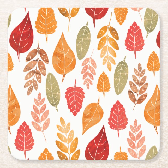 Painted Autumn Leaves Pattern Square Paper Coaster (Front)