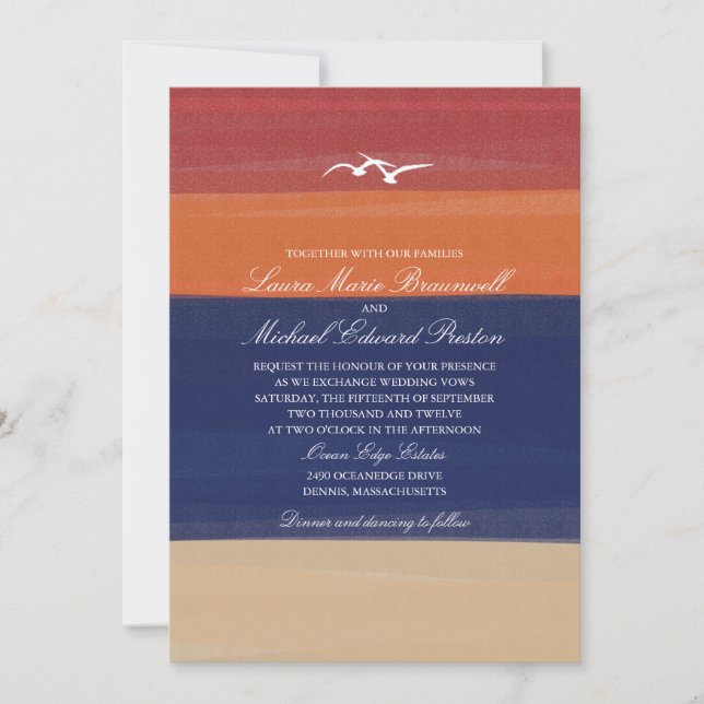 Painted Autumn Sand, Sea & Seagulls | Wedding Invitation (Front)