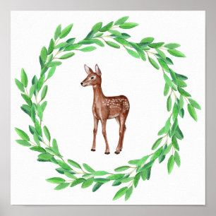 Painted Baby Deer Fawn Wreath of Leaves Poster