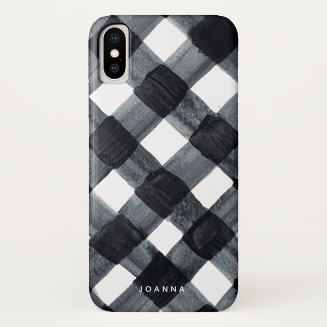 Painted Black and White Buffalo Plaid and Name Case-Mate iPhone Case (Back)