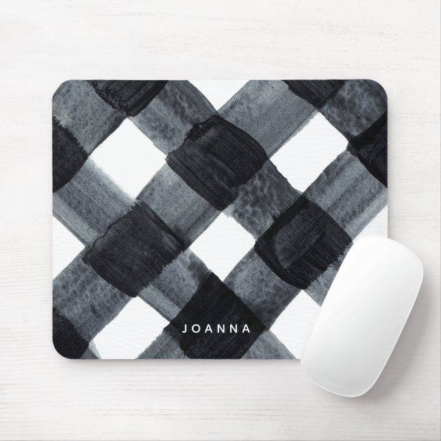 Painted Black and White Buffalo Plaid and Name Mouse Pad (With Mouse)