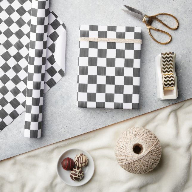 Painted Black and White Check Checkerboard Pattern Wrapping Paper (Crafts)