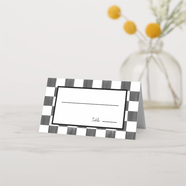 Painted Black Checkerboard Pattern Wedding Place Card (Front)