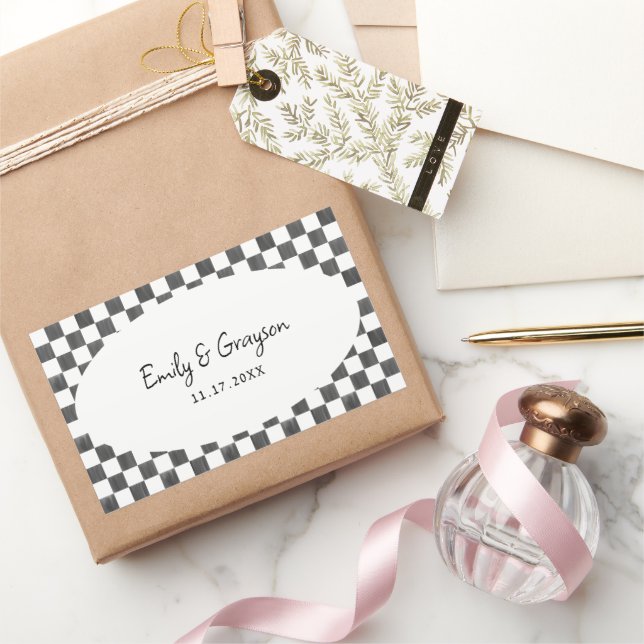 Painted Black Checkerboard Pattern Wedding Rectangular Sticker (Gifting)