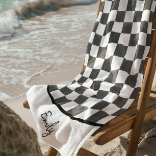 Painted Black Chequerboard Pattern Personalised Beach Towel