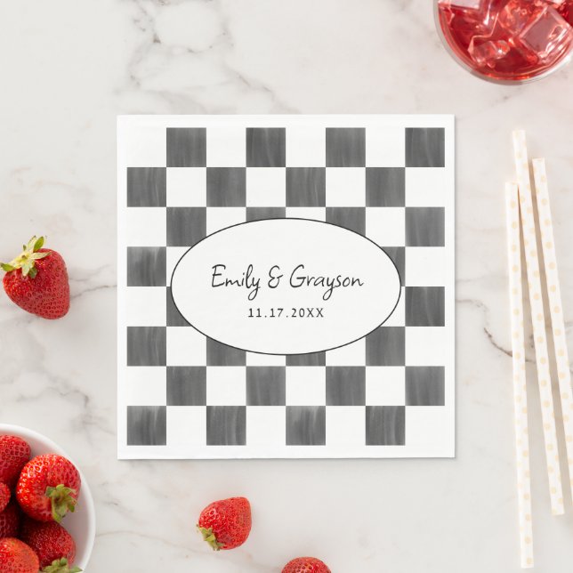 Painted Black Chequerboard Pattern Wedding Napkin (Insitu)