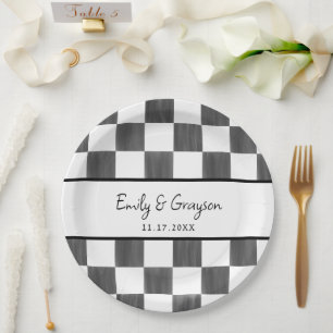 Painted Black Chequerboard Pattern Wedding Paper Plate