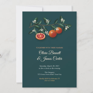 Painted Blood Orange and Blossom Teal Wedding Invitation
