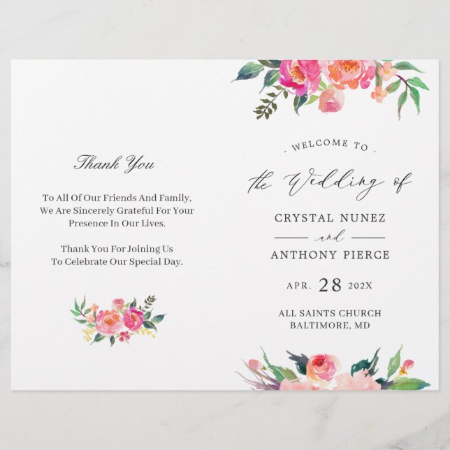 PAINTED BLOOMS Floral DIY Folded Wedding Program (Front)