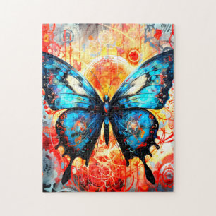 Painted Blue Butterfly with Gear Background. Jigsaw Puzzle