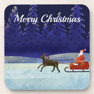 Painted Blue ChristmasNight withSanta and Reindeer Coaster