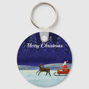Painted Blue ChristmasNight withSanta and Reindeer Key Ring
