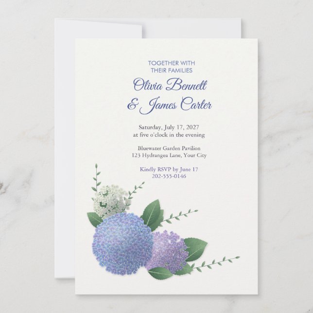 Painted Blue Hydrangea Corner Wedding Invitation (Front)