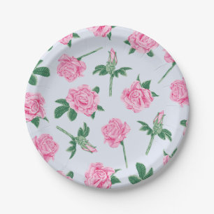 Painted Blue Pink and Green Rose Pattern Paper Plate