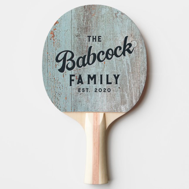 Painted Blue Wood Retro Family Name & Year Ping Pong Paddle (Front)