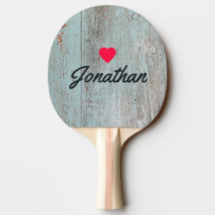 Painted Blue Wood Vintage Heart Signature Ping Pong Paddle