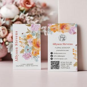 Painted boho floral watercolor florist logo qr business card